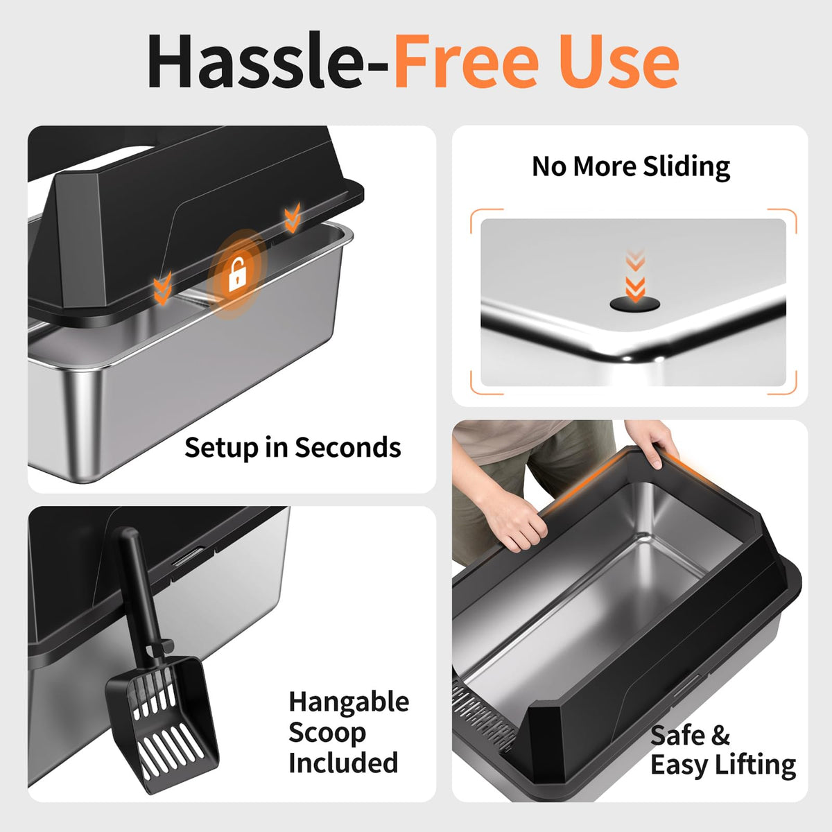 Stainless Steel Litter Box with High Sides (Black-1Pack)