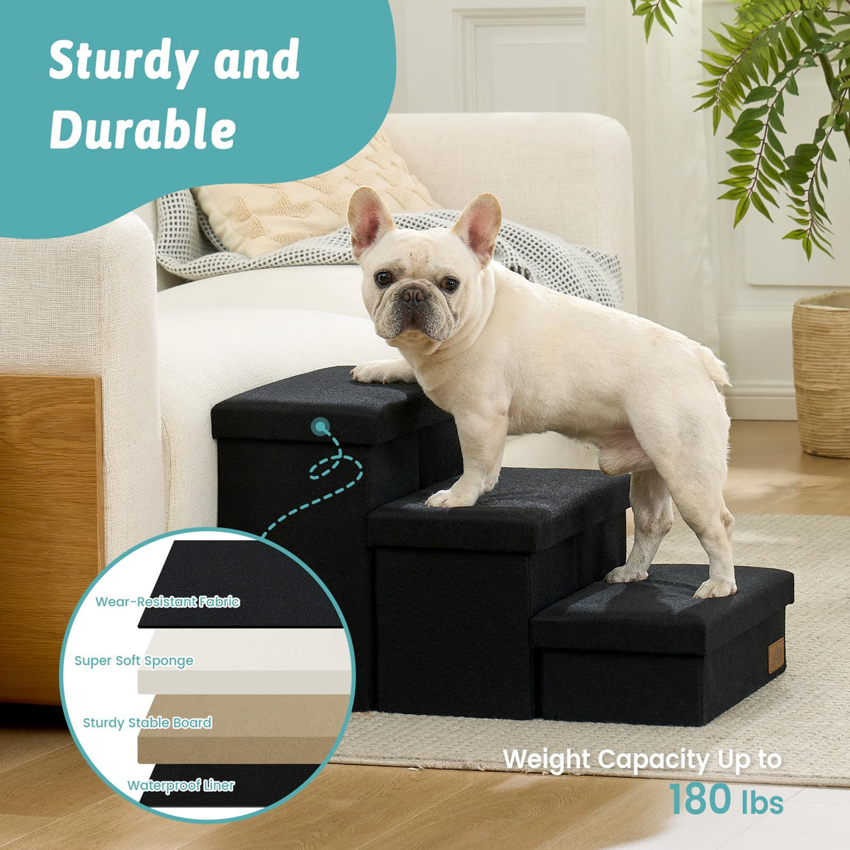 Dog Stairs with Storage (Black / 38.1"L x 17"W x 22"H)