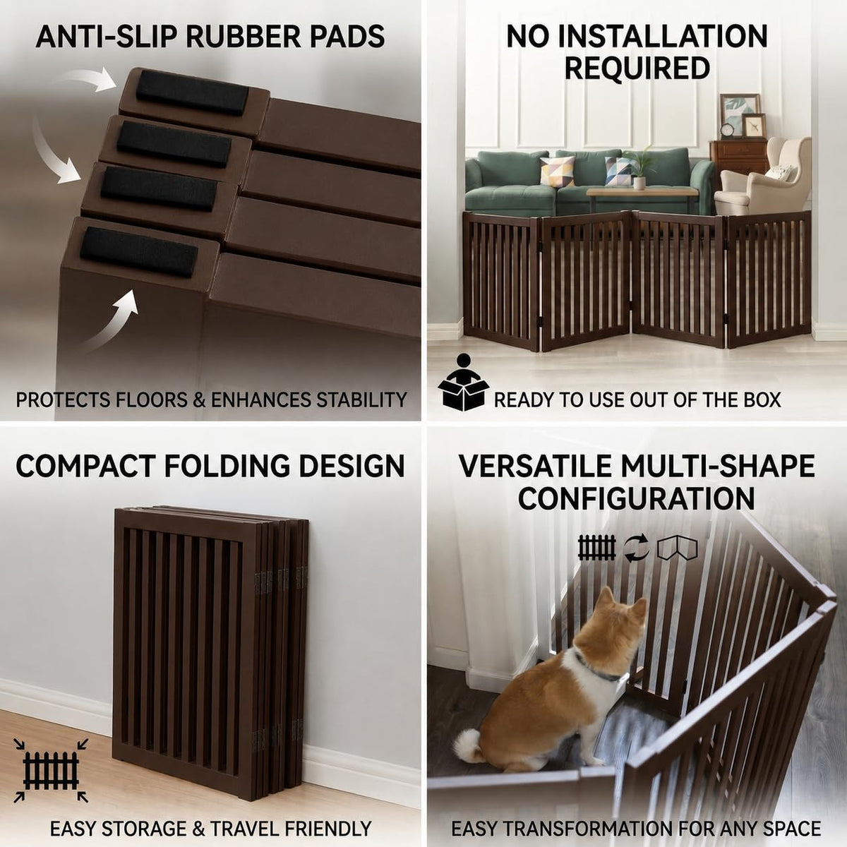 Freestanding Pet Gate 4 Panel Wooden Step Over Dog Gate (Espresso / 4 Panel 80" Wide)