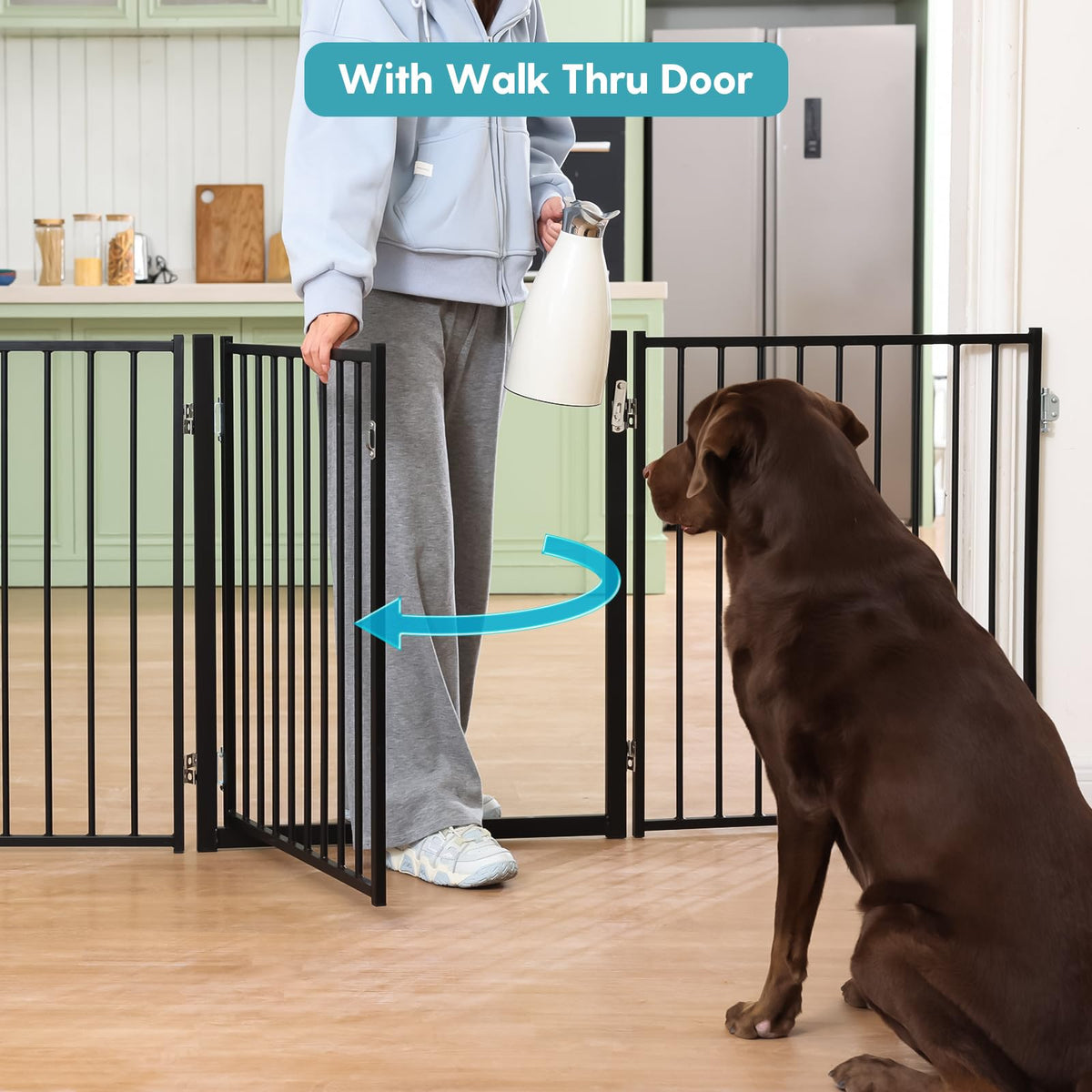 Freestanding Dog Gate with Door for Indoor & Outdoor (Black / 【6 Panels with Door】156"W×30"H)