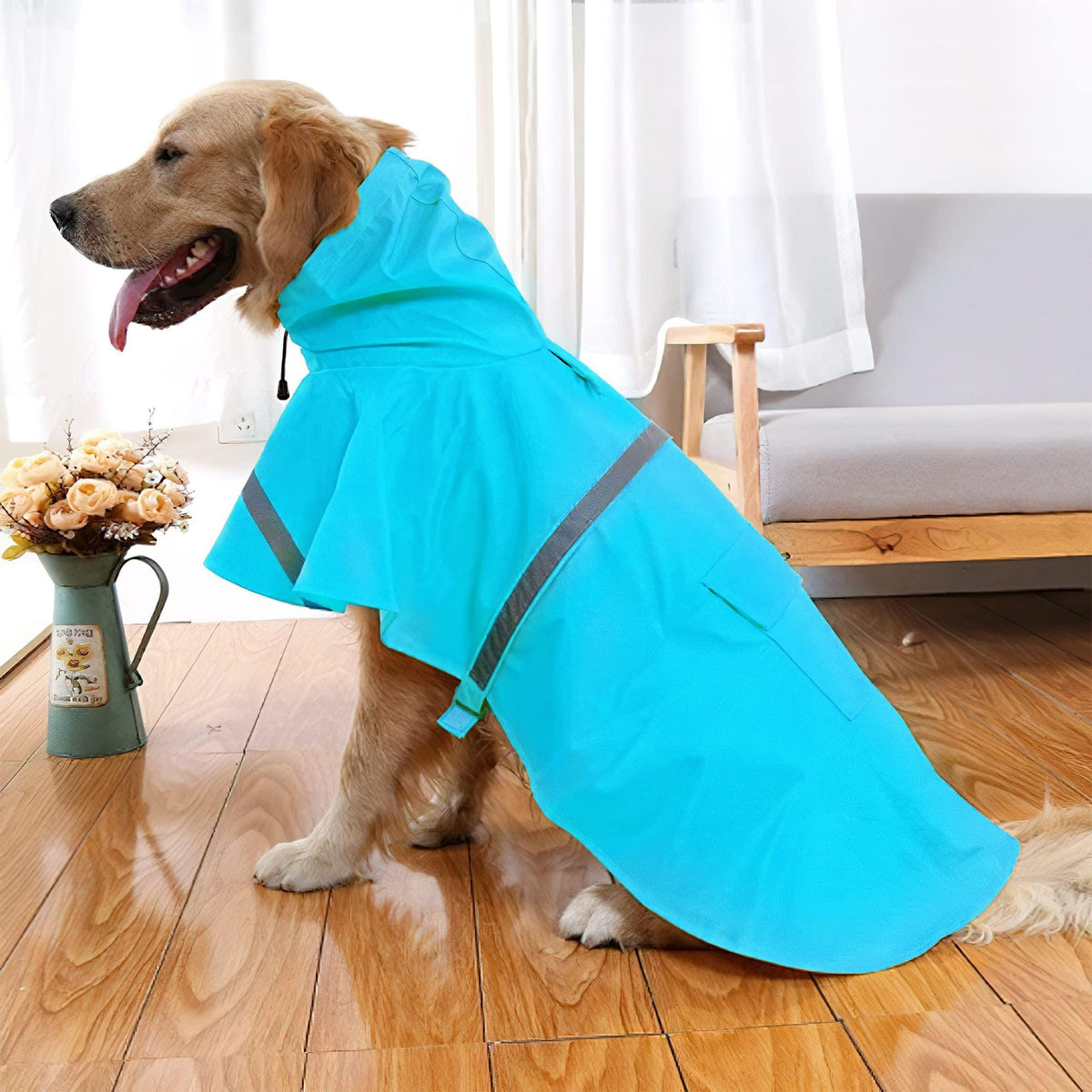 Large Dog Raincoat Adjustable Pet Water Proof Clothes Lightweight Rain Jacket Poncho Hoodies with Strip Reflective (Lake Blue / X-Large (Pack of 1))