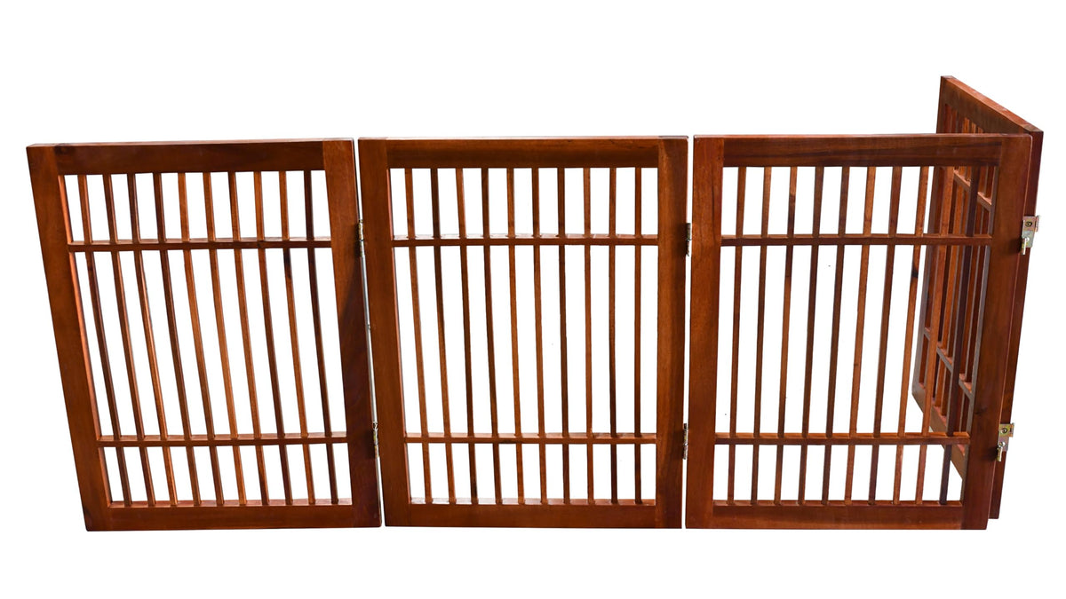 Freestanding Wooden Dog Gate Foldable Indoor Pet Gate No Drill Expandable Barrier for Doorways Stairs Hallways Portable Wood Fence for Small Dogs & Puppies (4 Panel 24" Tall / Brown Pet Gate)