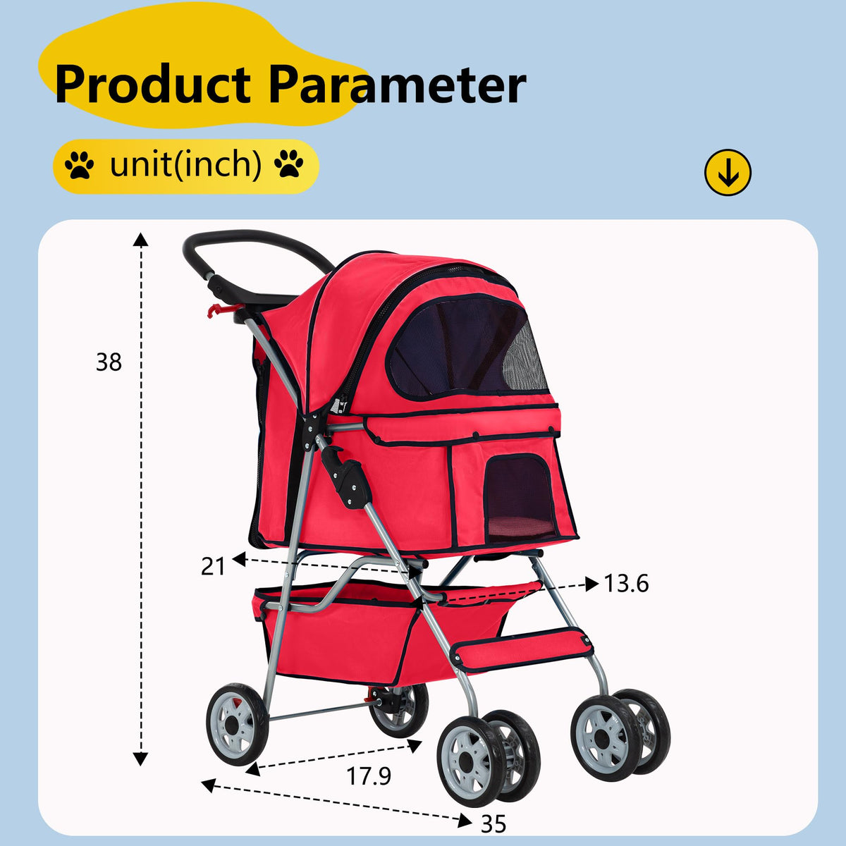 4 Wheel Foldable Pet Stroller (Red / 4 Wheels)