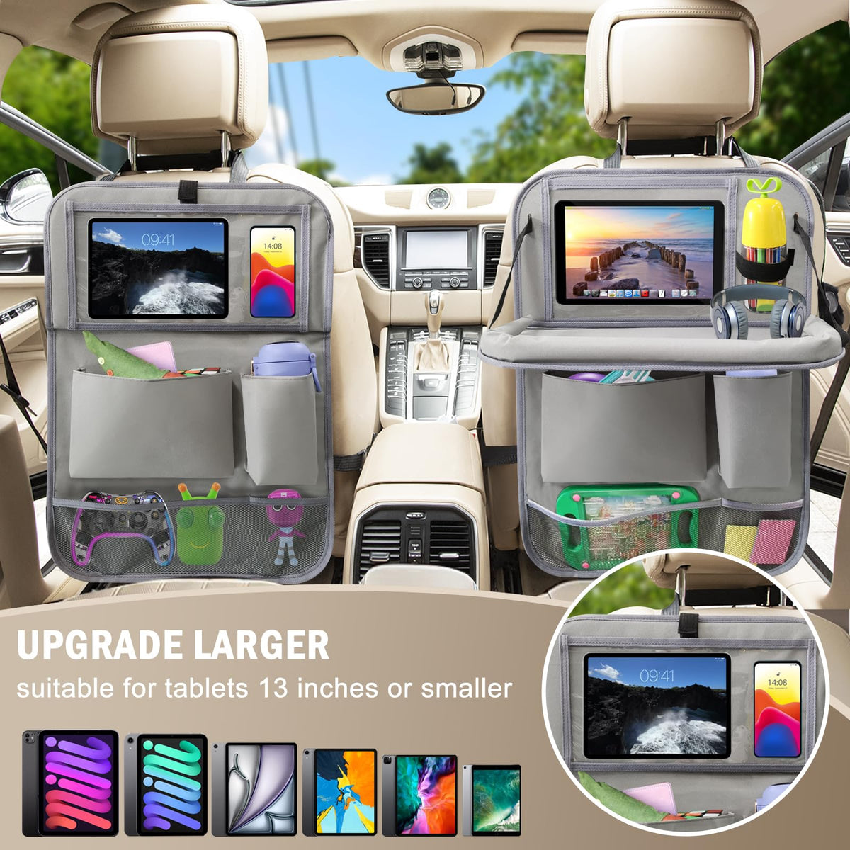 2Pack Car Backseat Organizer with Foldable Table Tray Grey (Grey / 2 Pack with Food Tray)