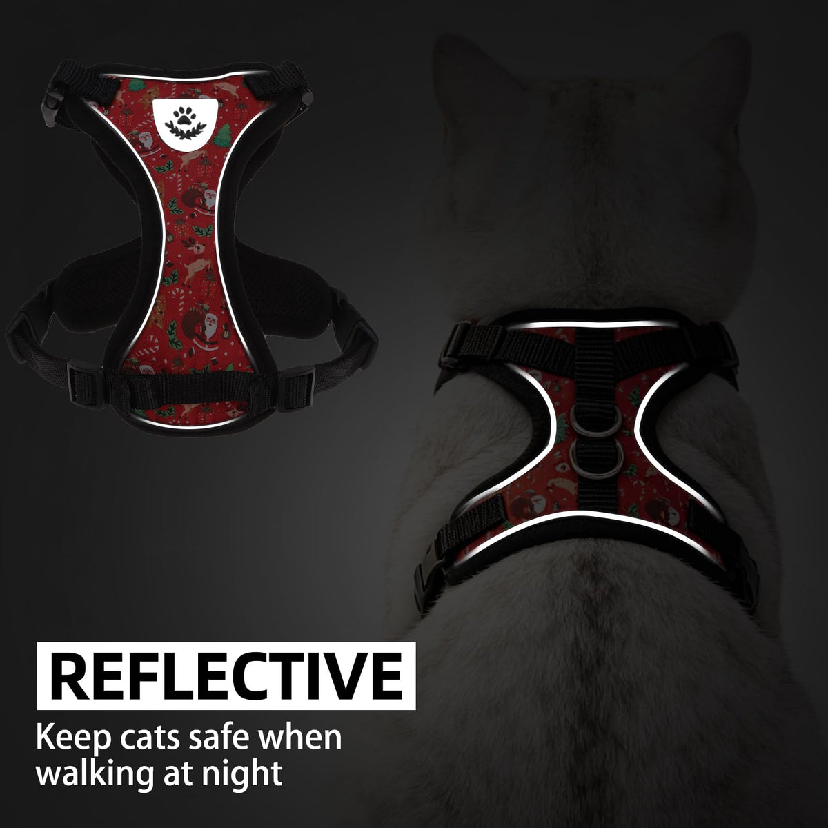 Cat Harness and Leash Set Escape Proof Reflective Cat Walking Harness Adjustable Soft Breathable Mesh Vest for Small Pets (M (NECK 11"-13.7", CHEST 16"-20") / Red(Christmas))