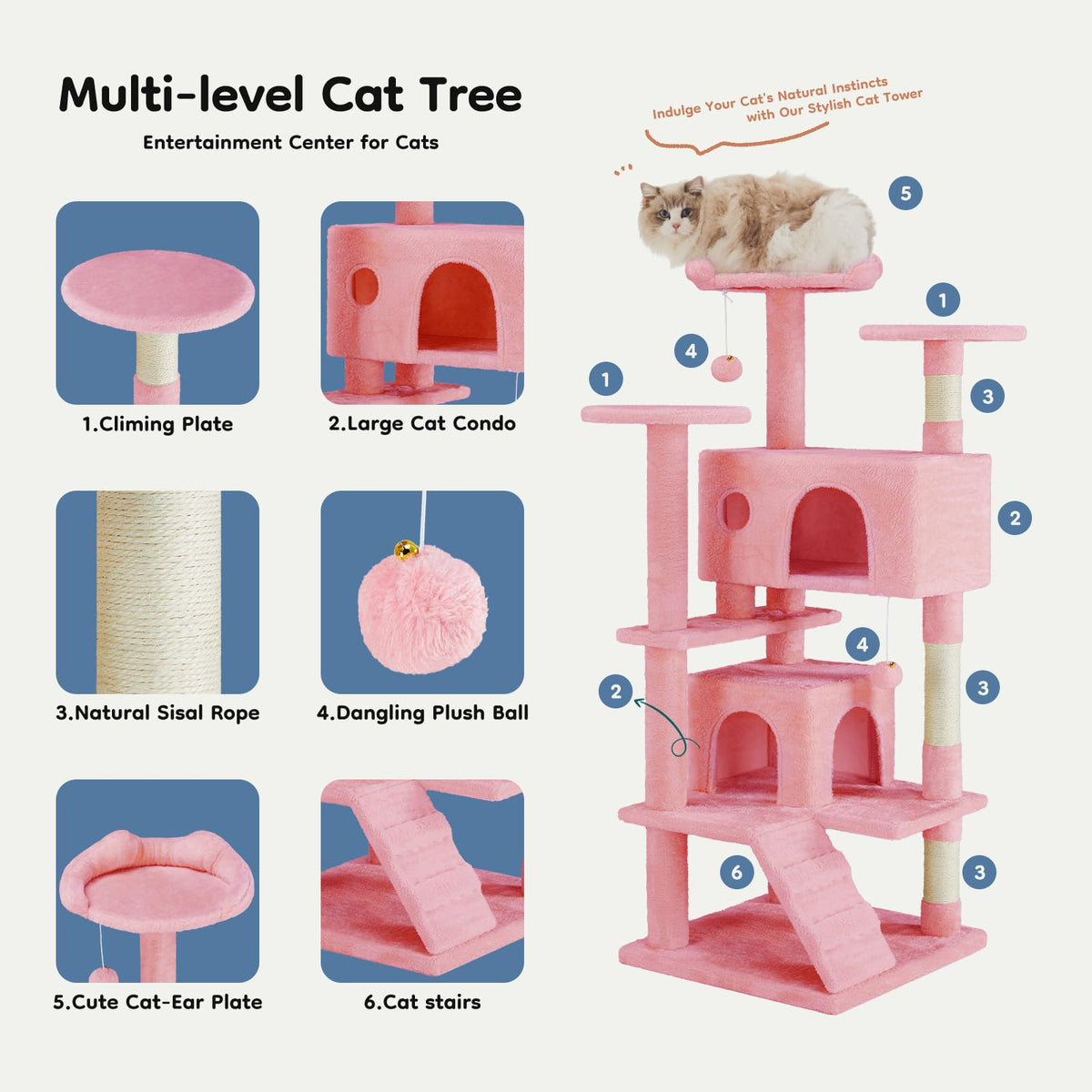 54 inch Cat Tree Tower with Scratching Posts (Pink / 54 Inch)