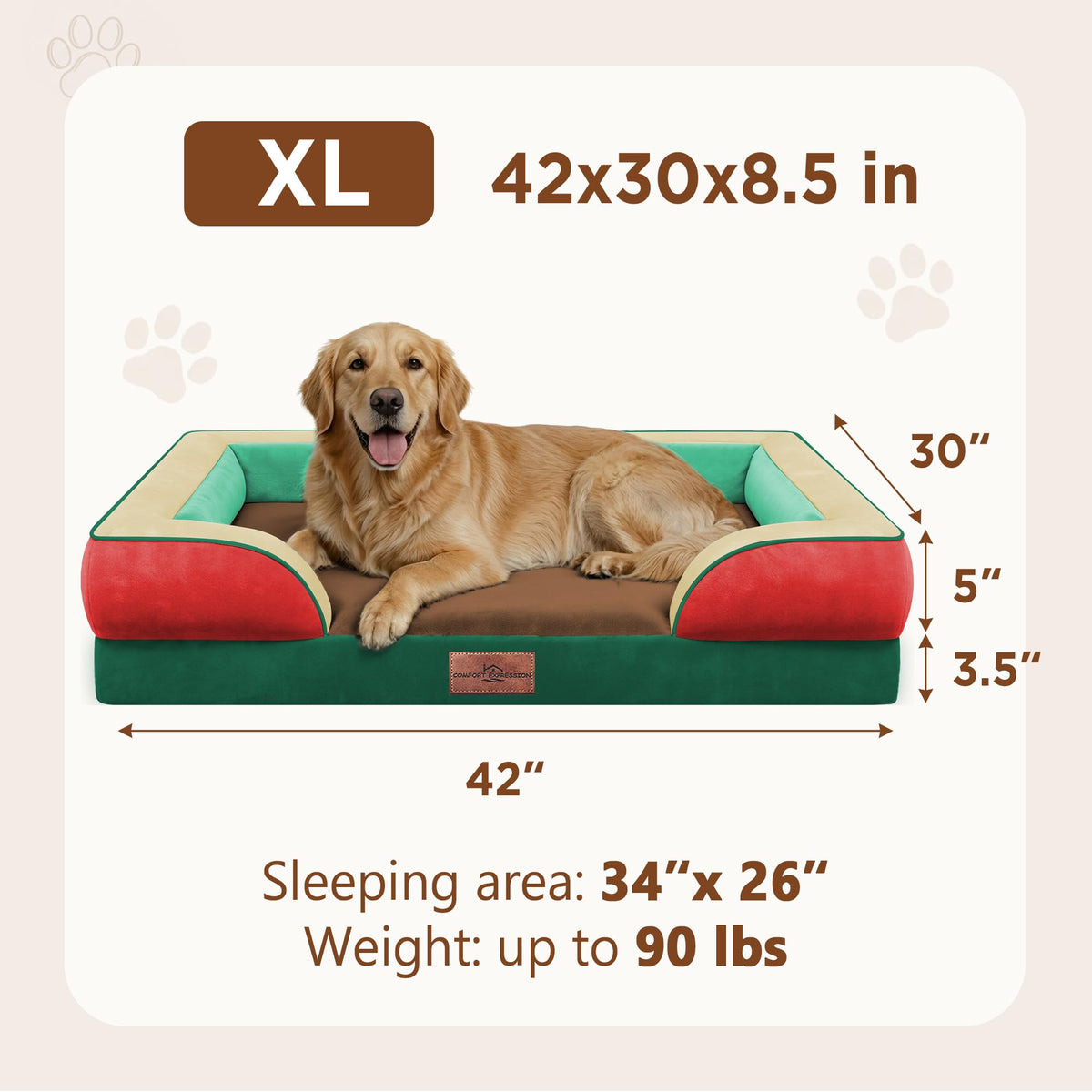 Orthopedic Dog Bed for Extra Large Dogs with Bolster (42.0"L x 30.0"W x 8.5"Th / Watermelon Mist)