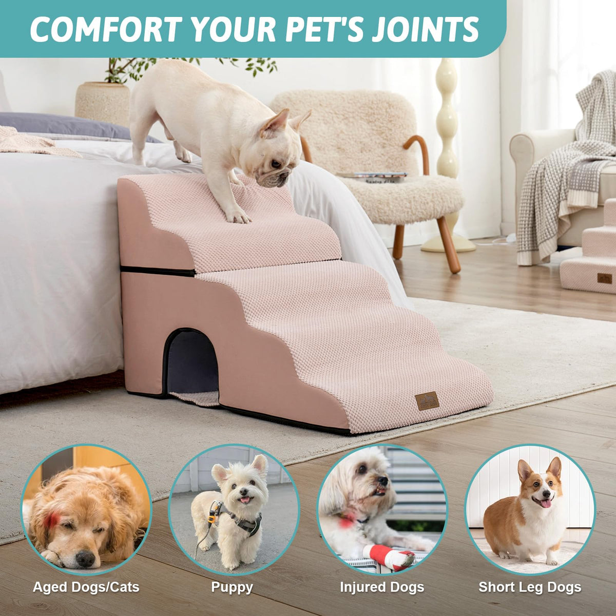 Extra Wide Small Dog Stairs with Tunnel (Pink / Detachable 19.7" x 33" x 22.4")