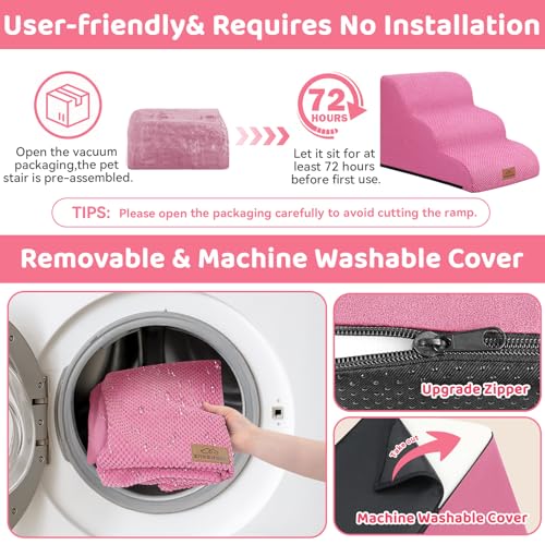 Dog Ramp and Stairs for Bed (Pink / 3)