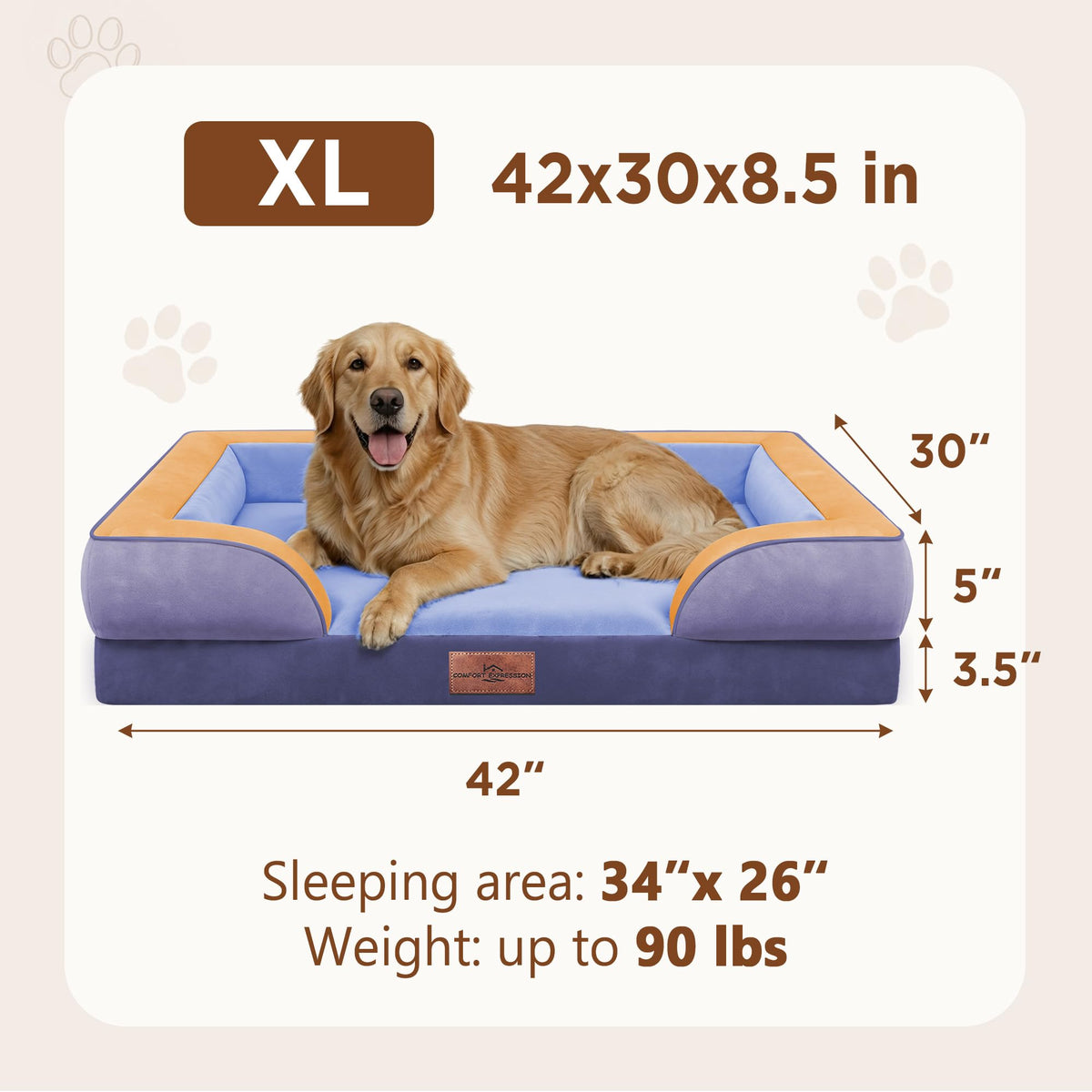 Orthopedic Dog Bed for Extra Large Dogs with Bolster (42.0"L x 30.0"W x 8.5"Th / Twilight Wave)