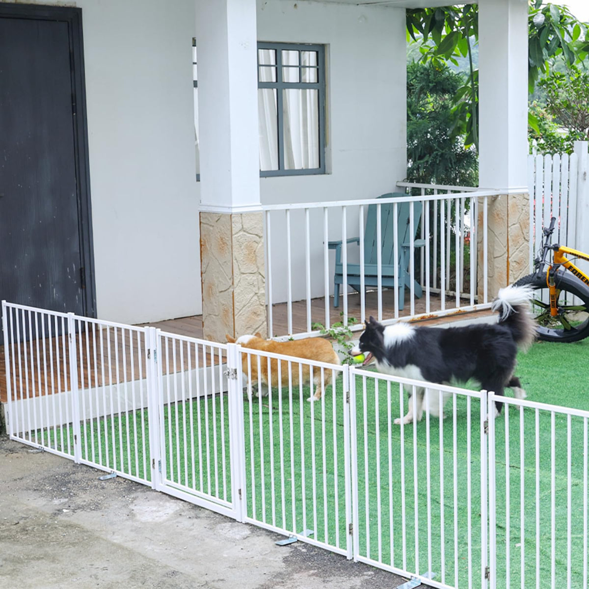 Freestanding Dog Gate with Door for Indoor & Outdoor (White / 【8 Panels with Door】208"W×30"H)