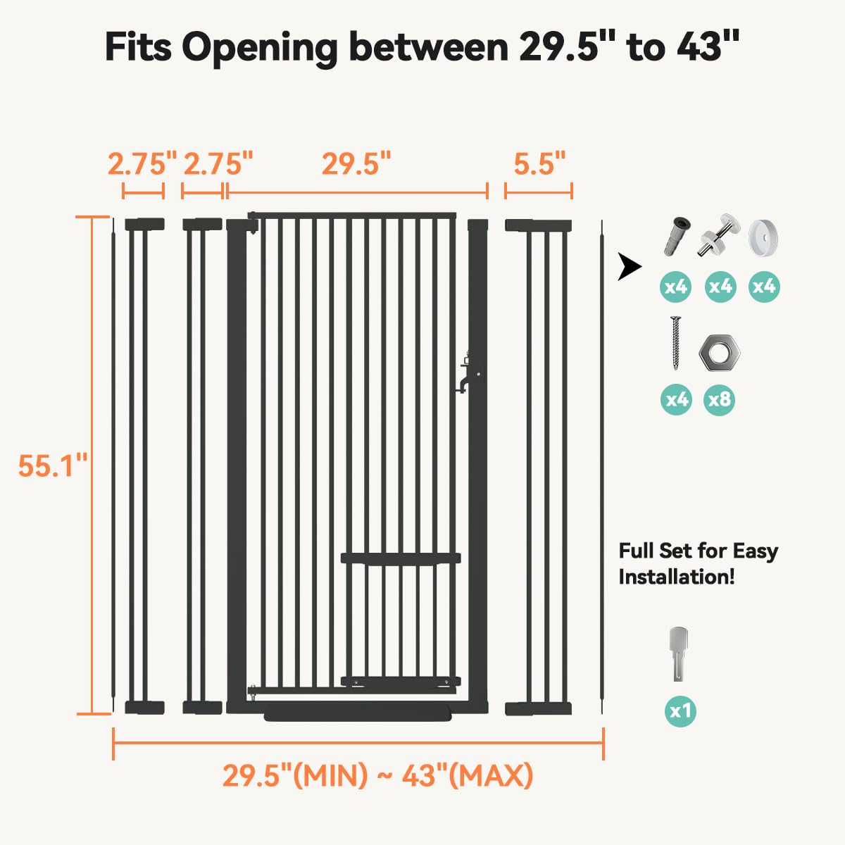 55.1" Extra Tall Pet Gate (Black / 55.1"Tall 43"Wide)