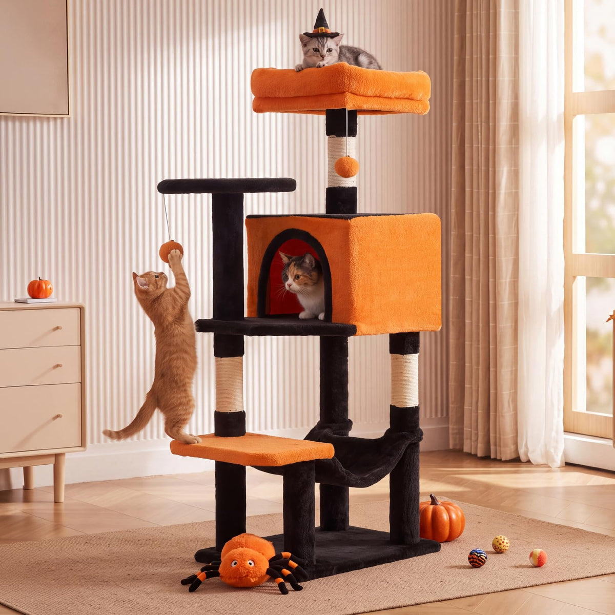 44 Inch Cat Tree Tower with Natural Sisal Scratching Posts (Black & Orange / 44 Inch)