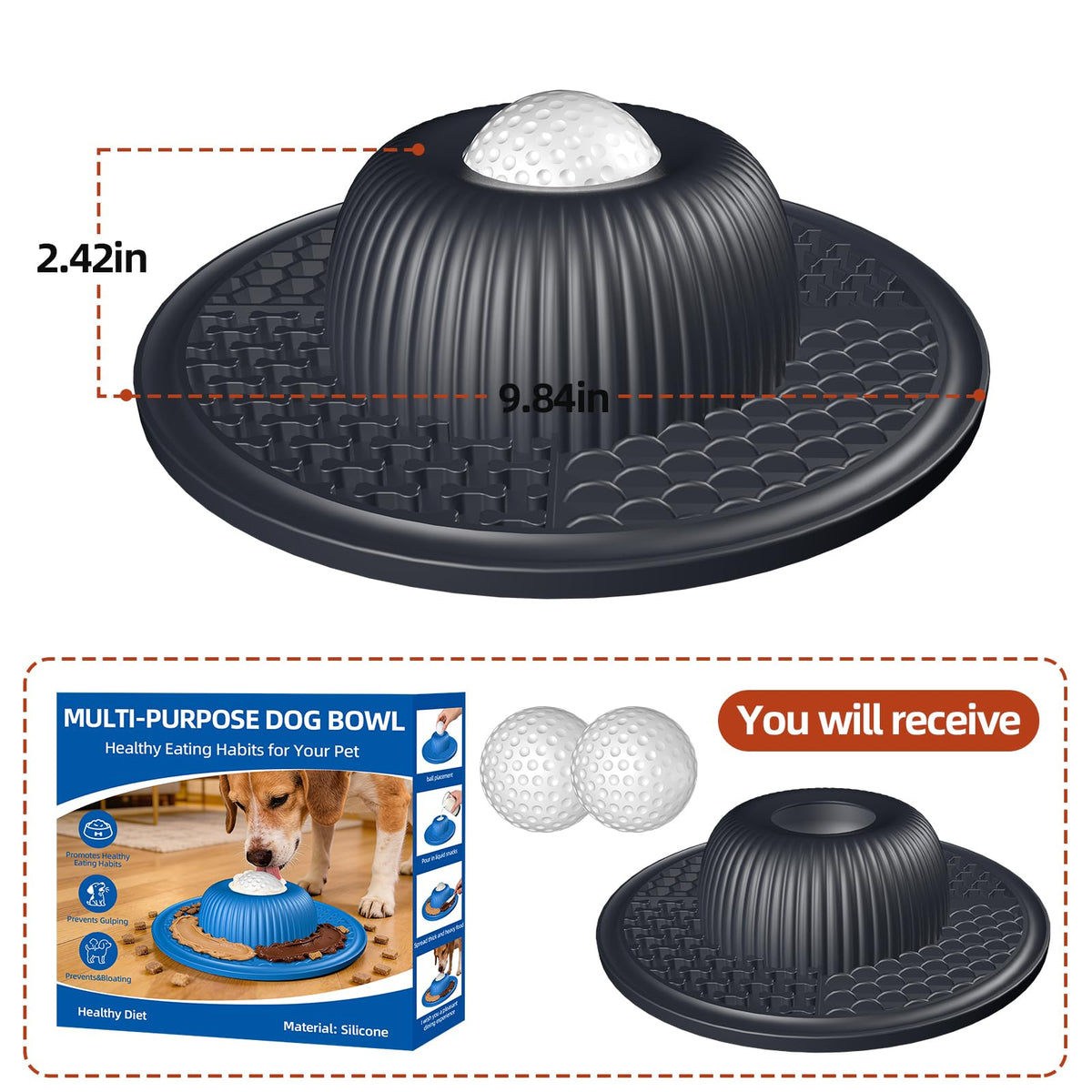 2-in-1 Dog Slow Feeder Bowl & Lick Mat with 2 Rotatable Balls, No-Slip Silicone Anxiety Relief Treat Mat for Dogs & Cats, Dishwasher Safe (Black) (Black)