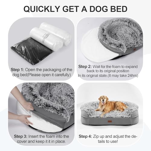 Fluffy Calming Orthopedic Dog Beds for Large & Extra Large Dogs (Grey / 44.0"Lx32.6"Wx7.6"H)