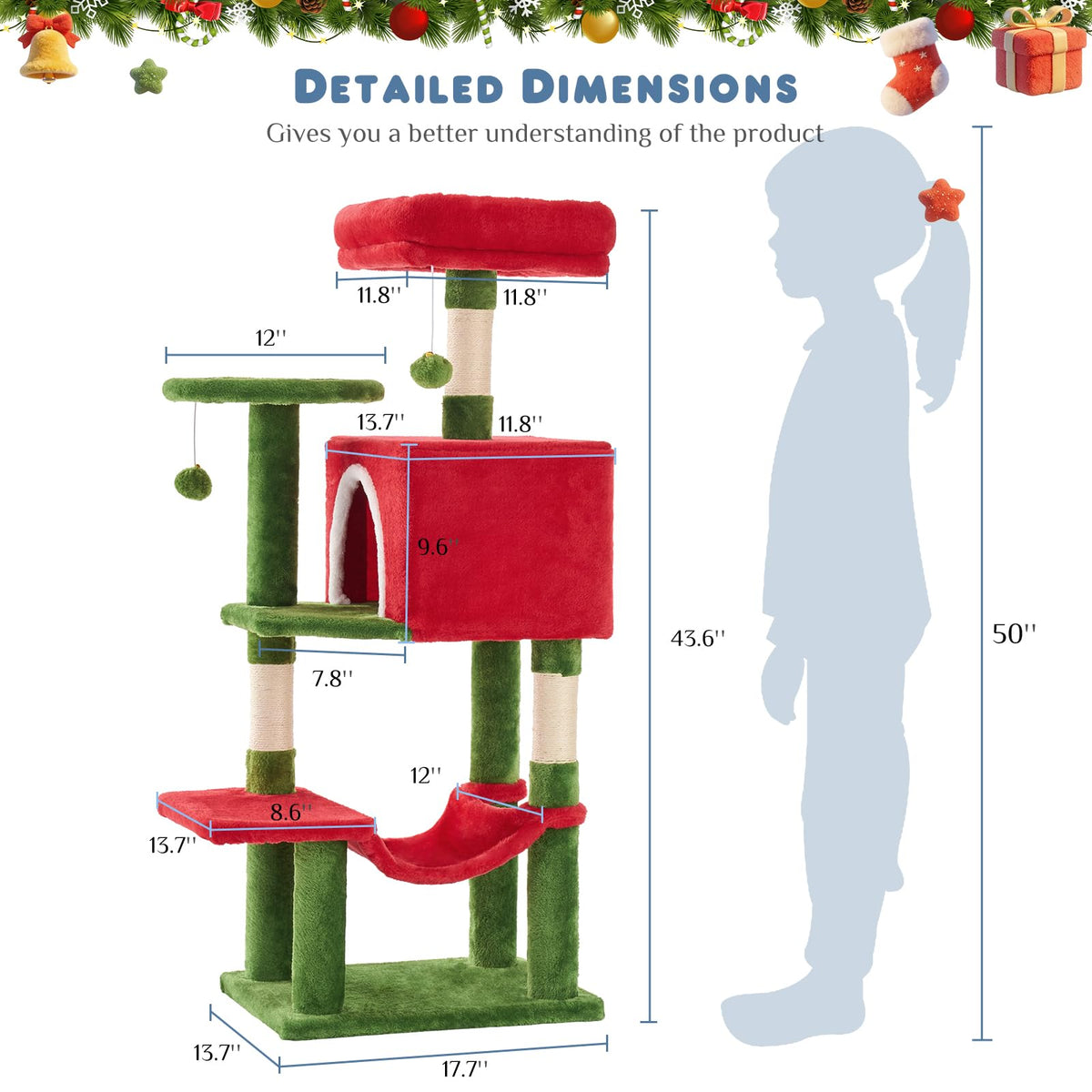 44 Inch Cat Tree Tower with Natural Sisal Scratching Posts (Red & Green / 44 Inch)
