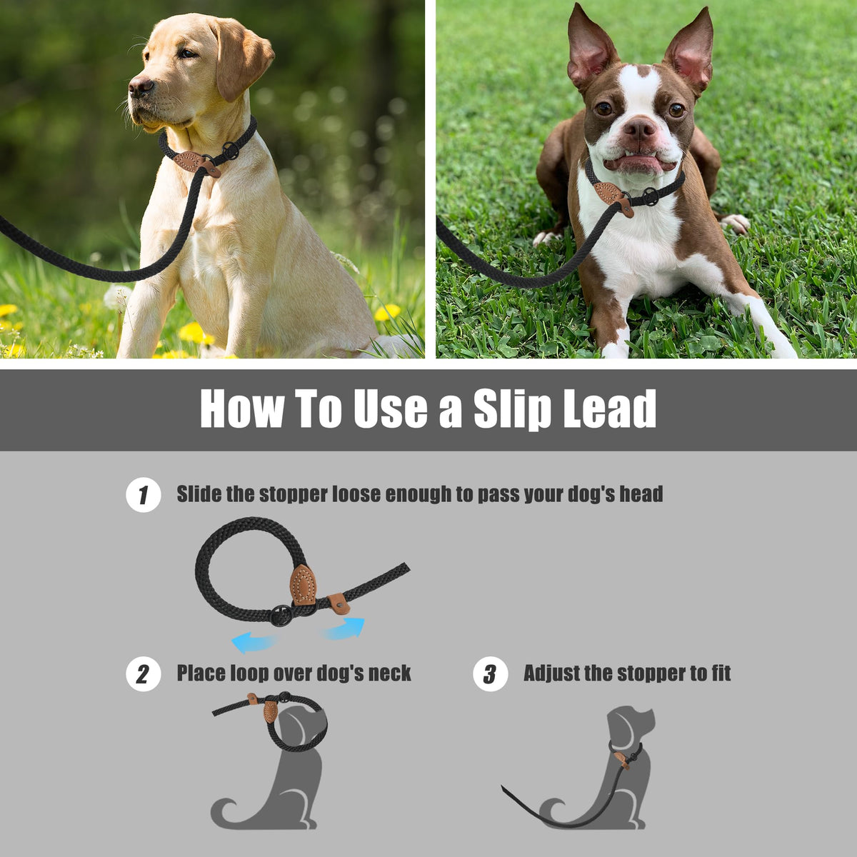 Heavy Duty Slip Lead No Pull Leash w Leather (Jet Black / 4 Feet)