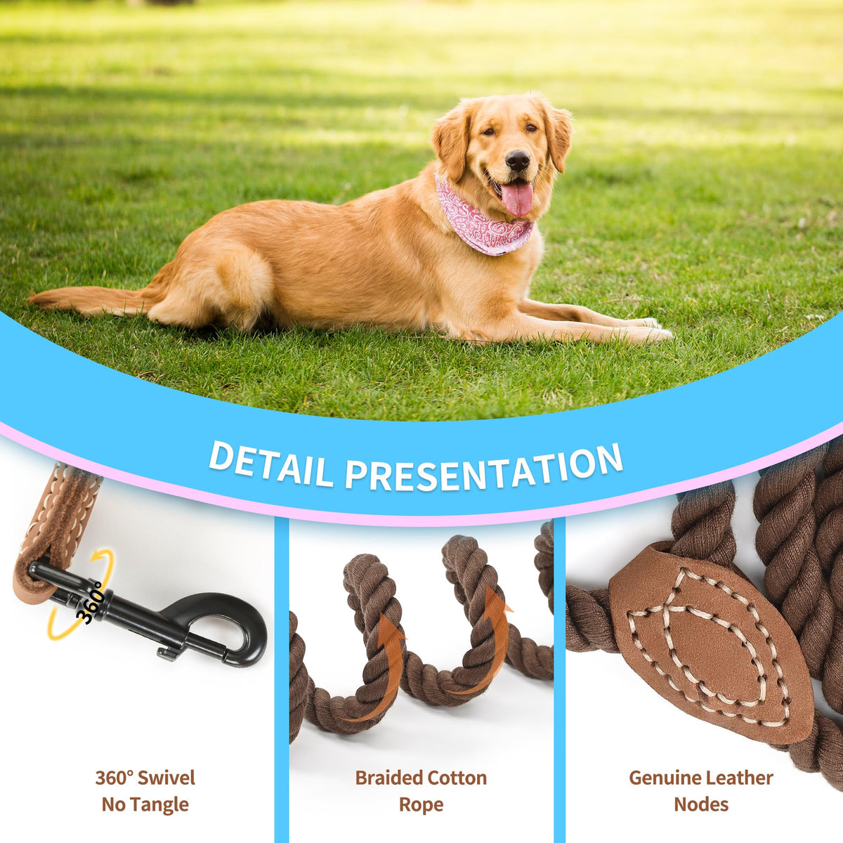 Dog Leash Braided Cotton Rope with Leather (Dark Brown / 18 Inch-1/2")