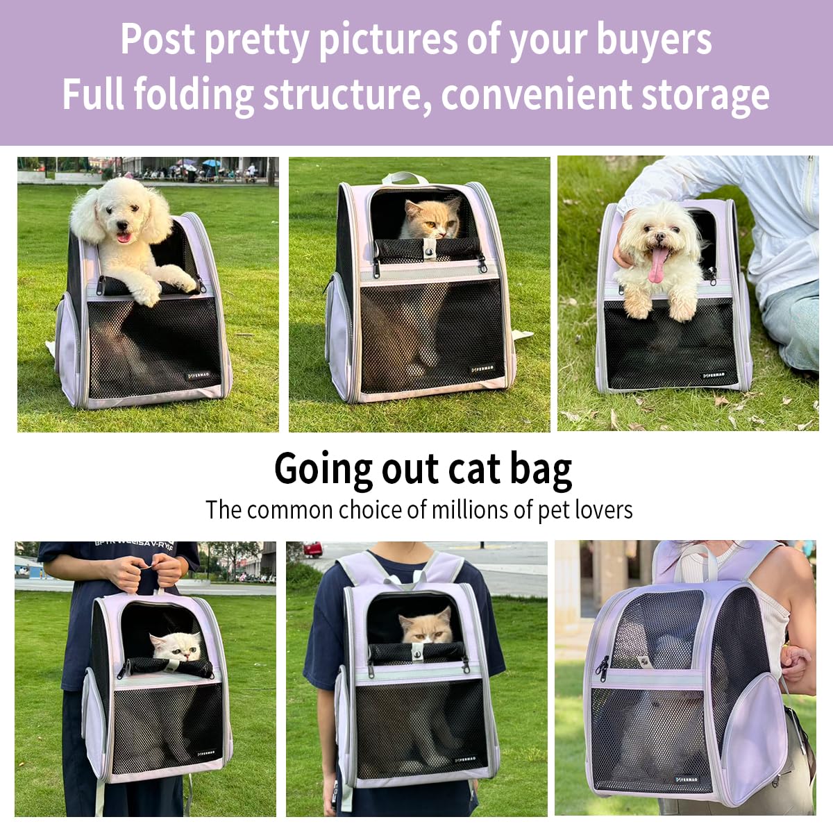 Cat Backpack Carrier for Small Dogs and Medium cat Puppy Kitten Bunny Pet Carrier Backpack Collapsible with Fully Ventilated Mesh with Safety Leash (Purple / 12.9"L x 10.6"W x 15.5"H)