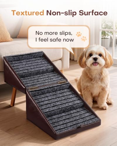 Dog Stairs for Couch Ottoman Dog Steps Faux Leather (Burgundy Brown / XL(17.13”H))