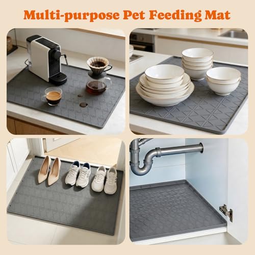 34" x 22" Waterproof Silicone Cat & Dog Food Mat with Raised Edge (Gray)