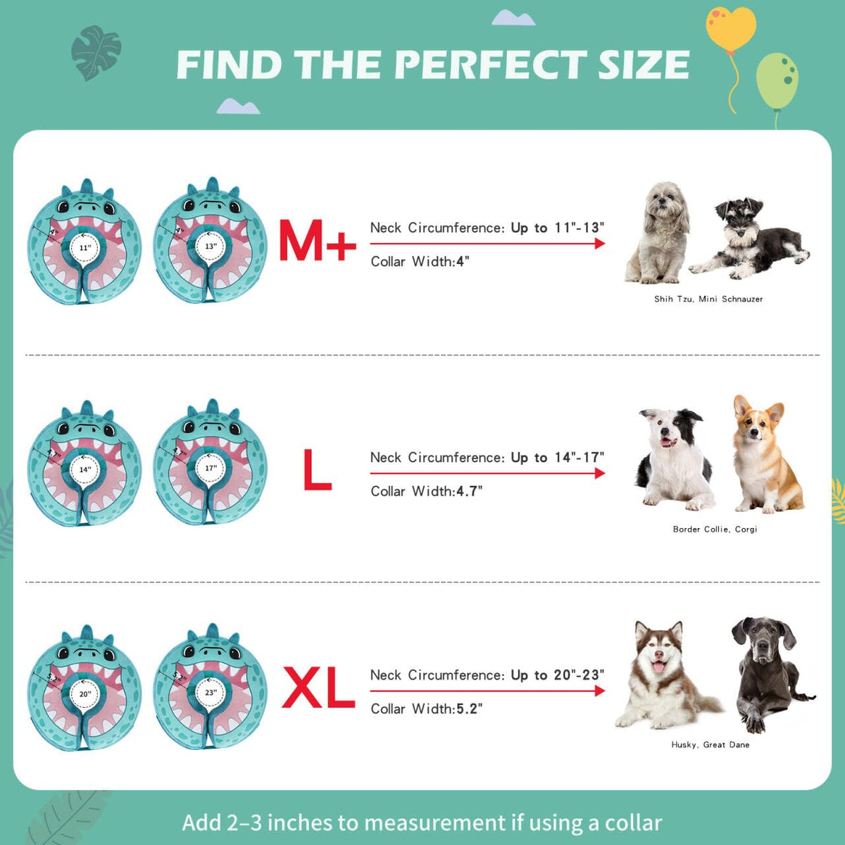Inflatable Recovery Dog Collar (Teal Dinosaur / Large + (Neck:18''-20''))