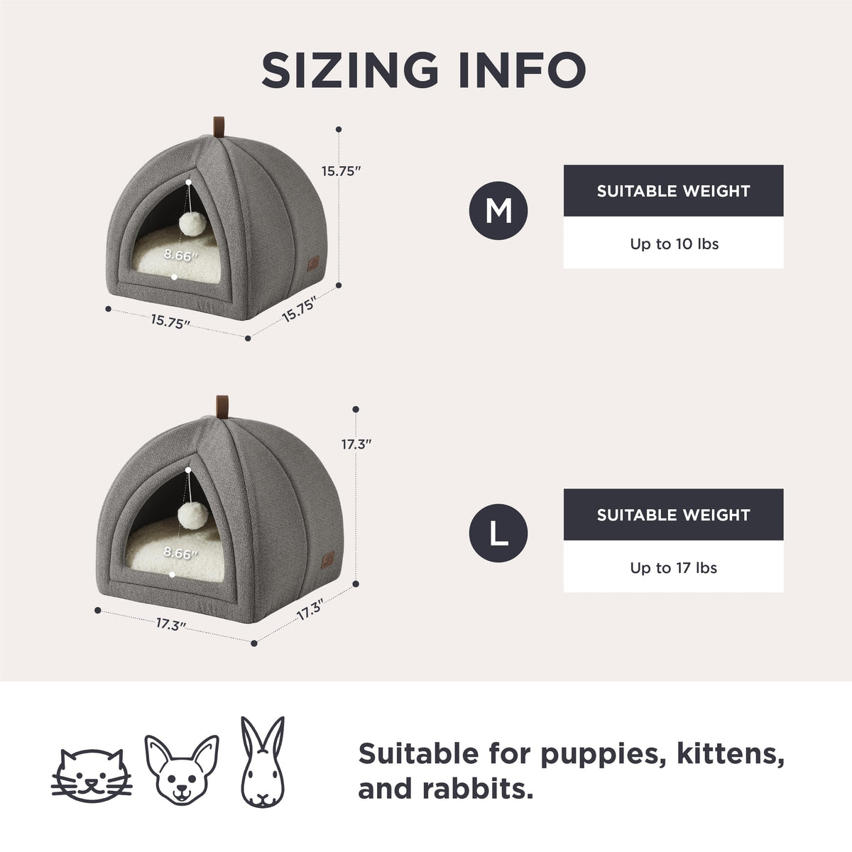 2in1 Cat Beds for Indoor Cats Cave for Kitten with Washable Pillow (L(17.3x17.3x17.3) / Grey)