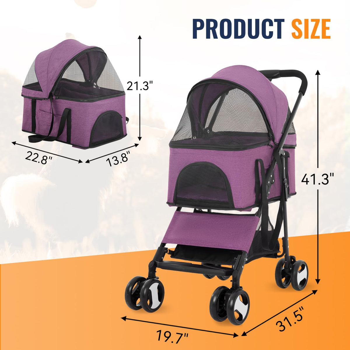 3 in 1 Multi Function Dog Stroller Jogger with Detachable Carrier (Purple / 4 Wheels)