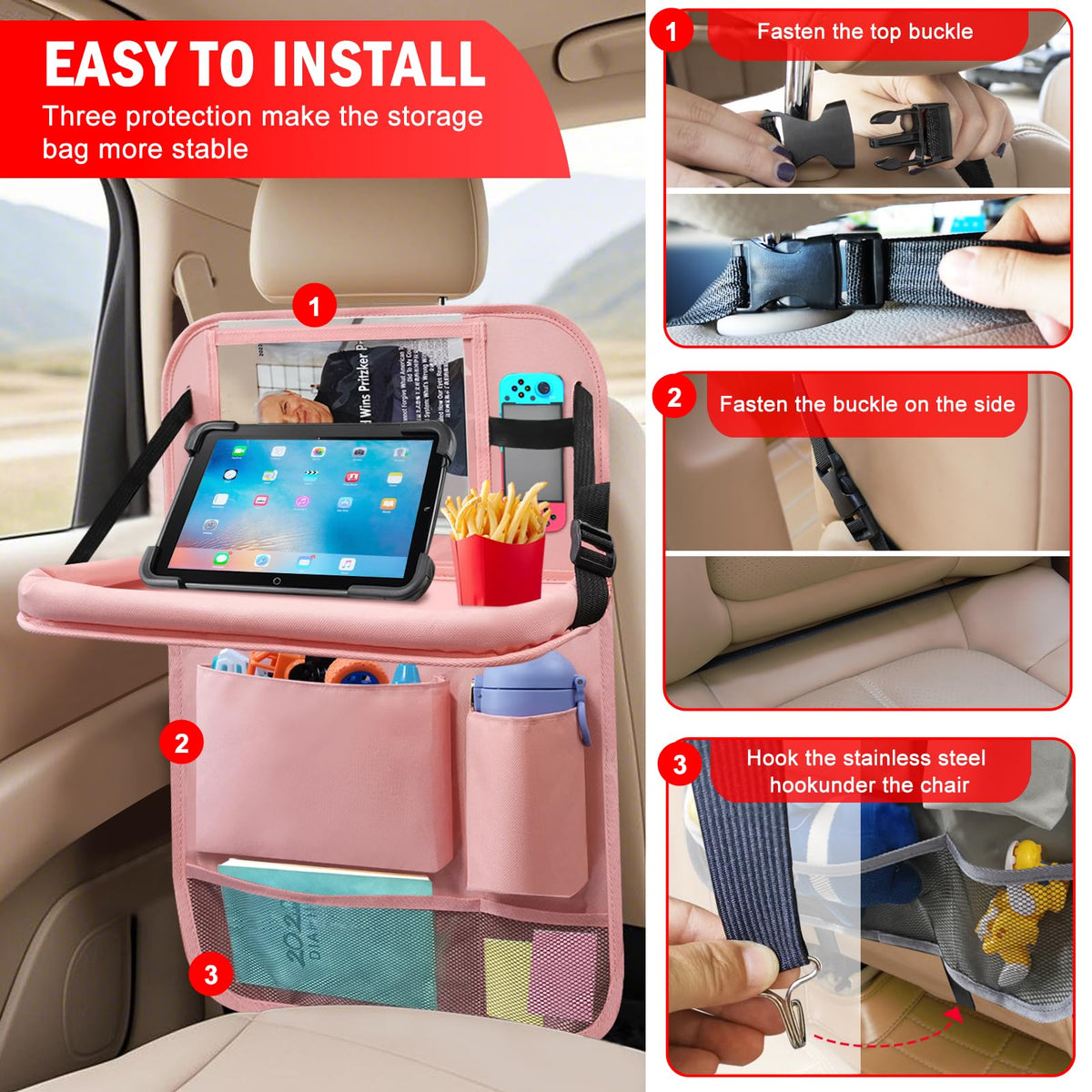 2Pack Back Seat Car Organizer with Tablet Holder & Foldable Table Tray Pink (Pink / 2 Pack with Food Tray)