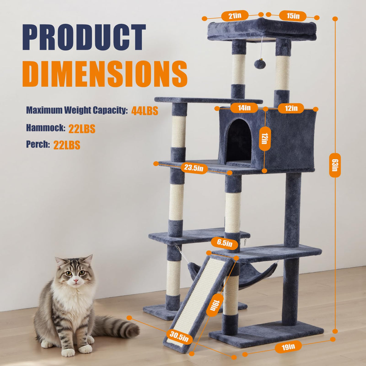 63 Inch Cat Tree Tower with Sisal Scratching Post (Dark Grey / 63 Inches)