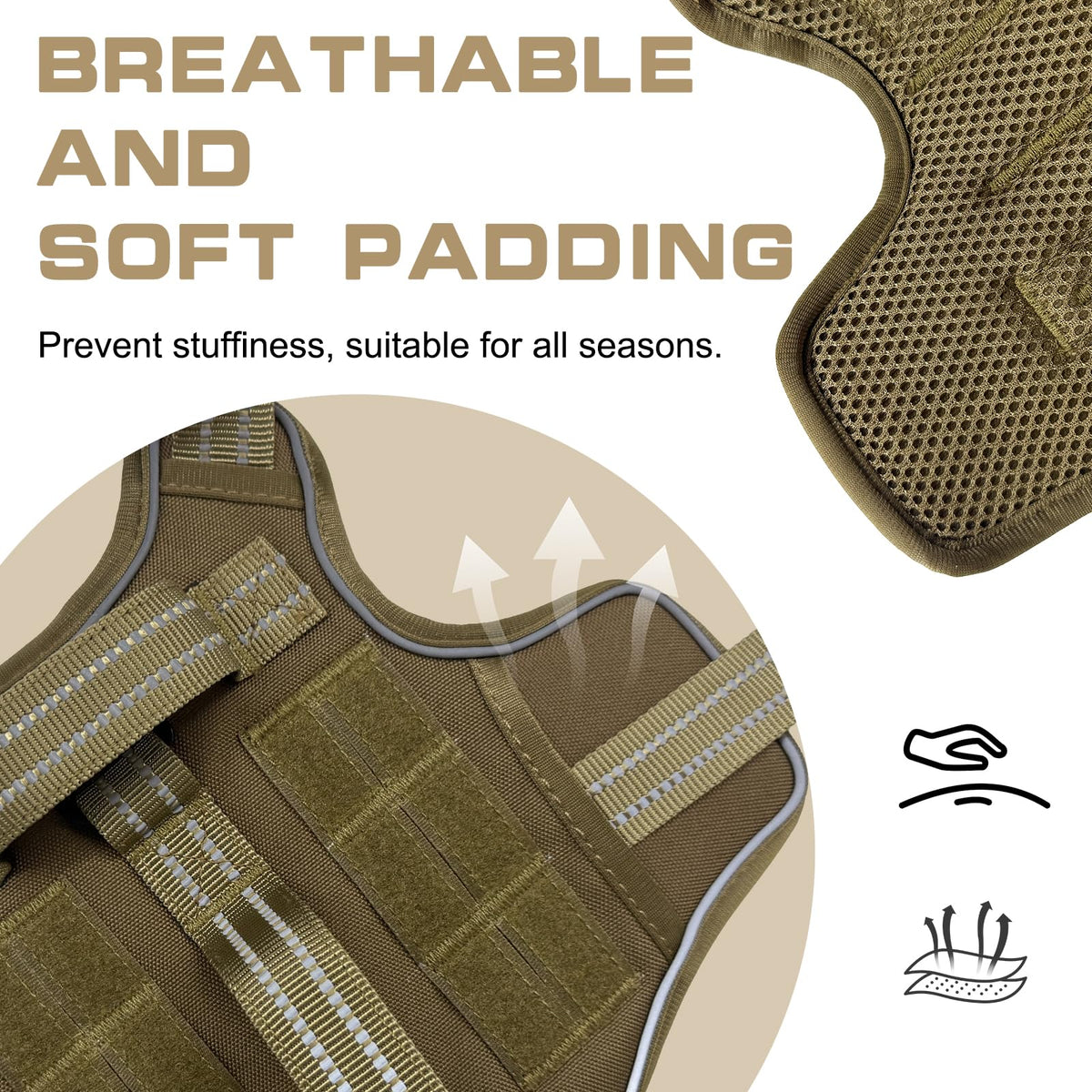 Dog Harness for Large Dogs (Khaki / L(Neck:18-24",Chest:25-36"),45-80 lbs)
