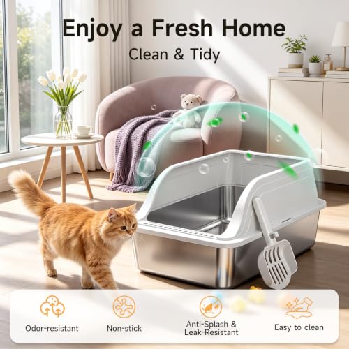 High Sided Stainless Steel XL Cat Litter Box for Cats (Grey XL)