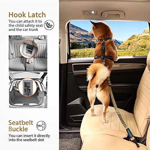 Dog Seatbelt Universal Reflective Bungee Dog Car Harness with Hook Latch & Seatbelt Buckle (Green)