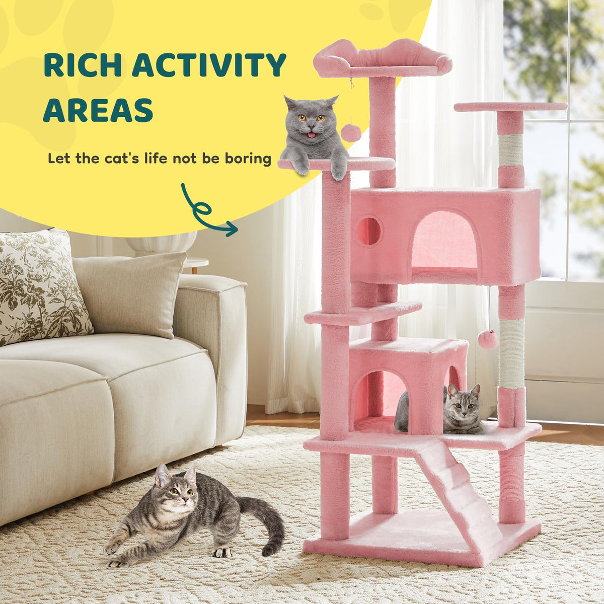 54 inch Cat Tree Tower with Scratching Posts (Pink / 54×19.7×19.7IN)
