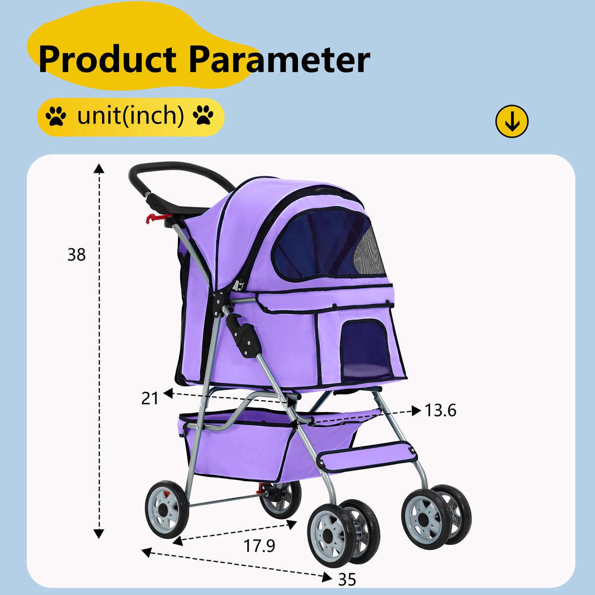 4 Wheel Foldable Pet Stroller (Purple / 4 Wheels)