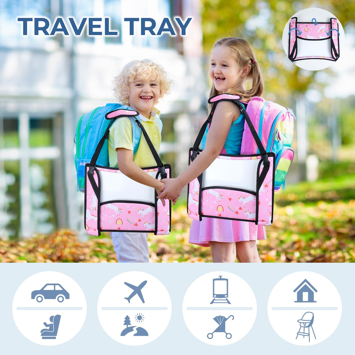 Kids Travel Tray for Car Seat & Airplane (Pink Unicorn -2PCS)