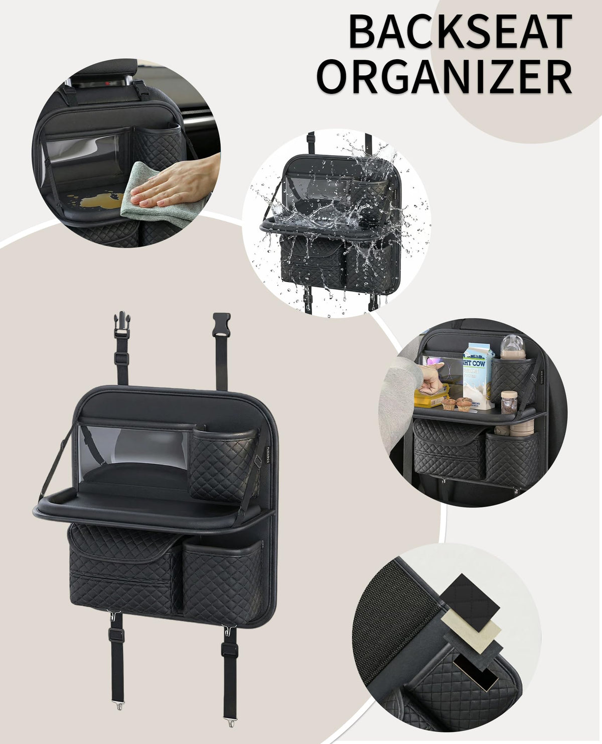 PU Leather Backseat Car Organizer with Foldable Tray & Tablet Holder Black (black)
