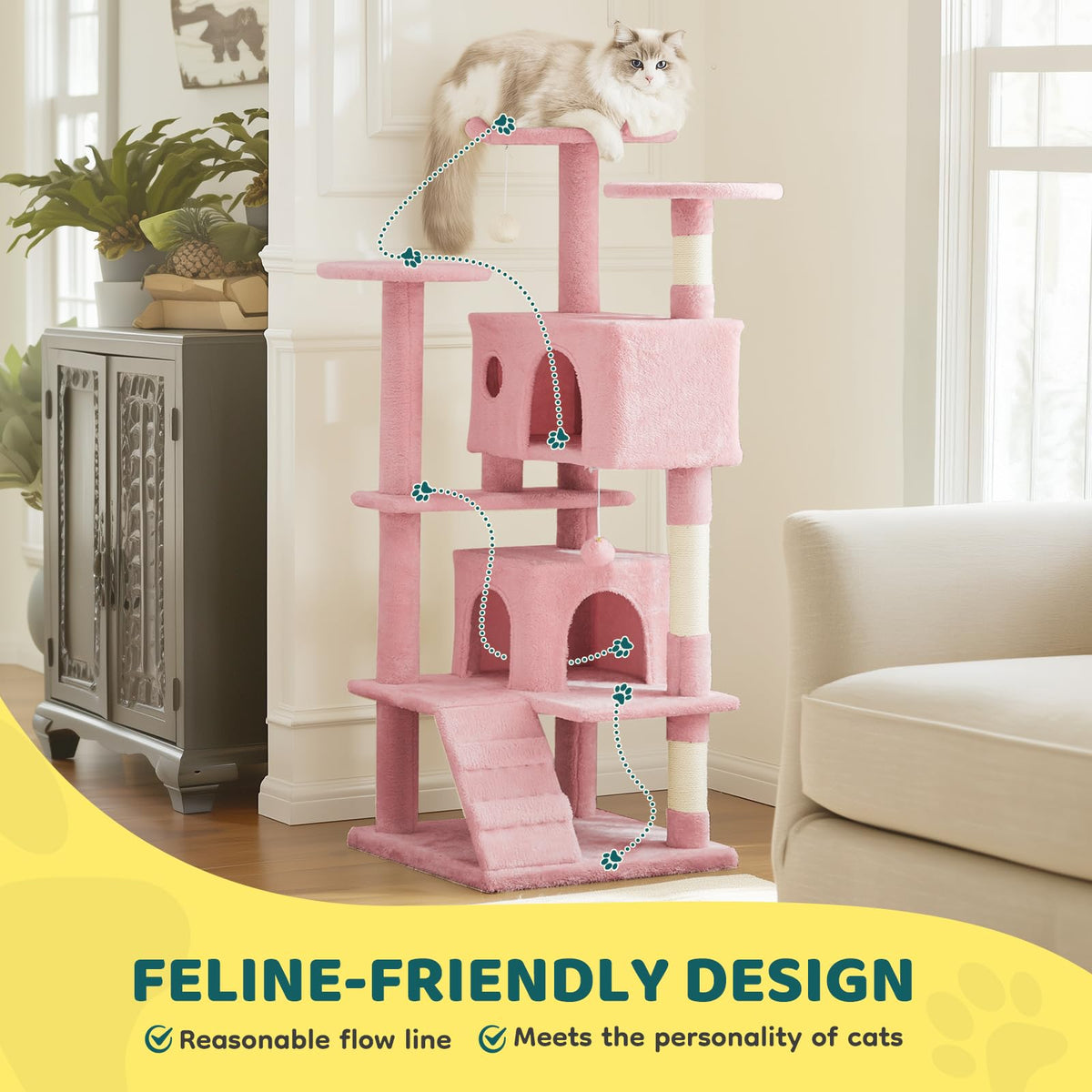 54 Inch Cat Tree Tower with Sisal Scratching Post (Pink / 54"×19.7"×19.7")
