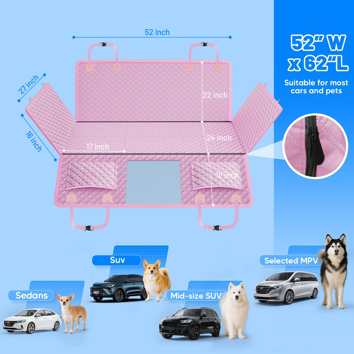 Dog Car Seat Cover for Back Seat (Pink / L - For Cars/SUV/ Sedans/MPV)