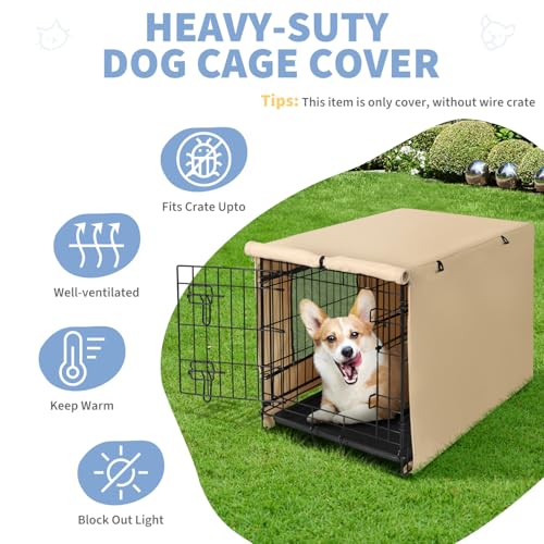 Dog Crate Cover Waterproof Kennel Cover (42.9"L x 28.3"W x 30.3"H / Beige with Window)
