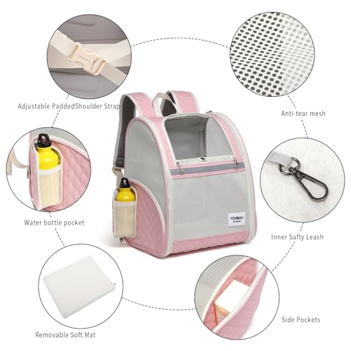 Cat Backpack Carrier for Small Dogs and Medium cat Puppy Kitten Bunny Pet Carrier Backpack Collapsible with Fully Ventilated Mesh with Safety Leash (Pink / 12.9"L x 10.62"W x 15.5"H)