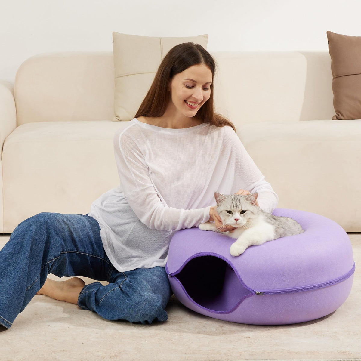 Cat Tunnel Bed for Indoor Cats with 3 Toys (L(24x24x11) / Purple)