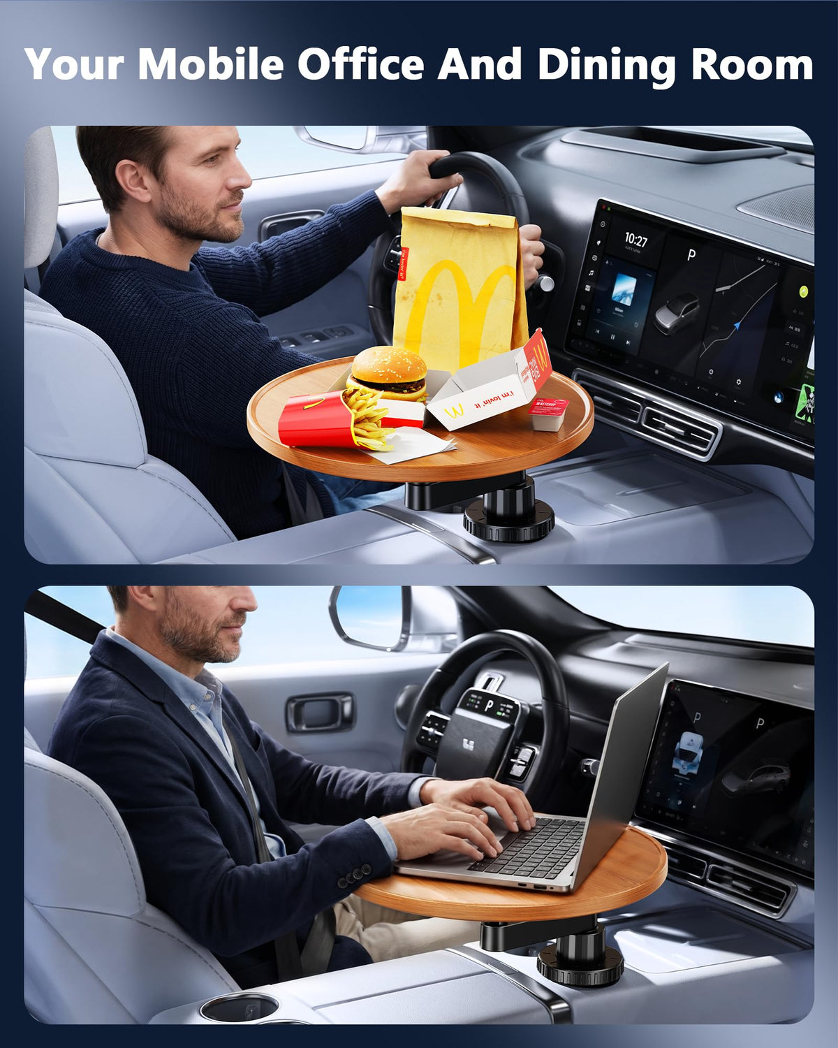 Tesla Model 3 Y Wood Car Cup Holder Tray Table for iPad Laptop Food (12.5"-Round Tray)