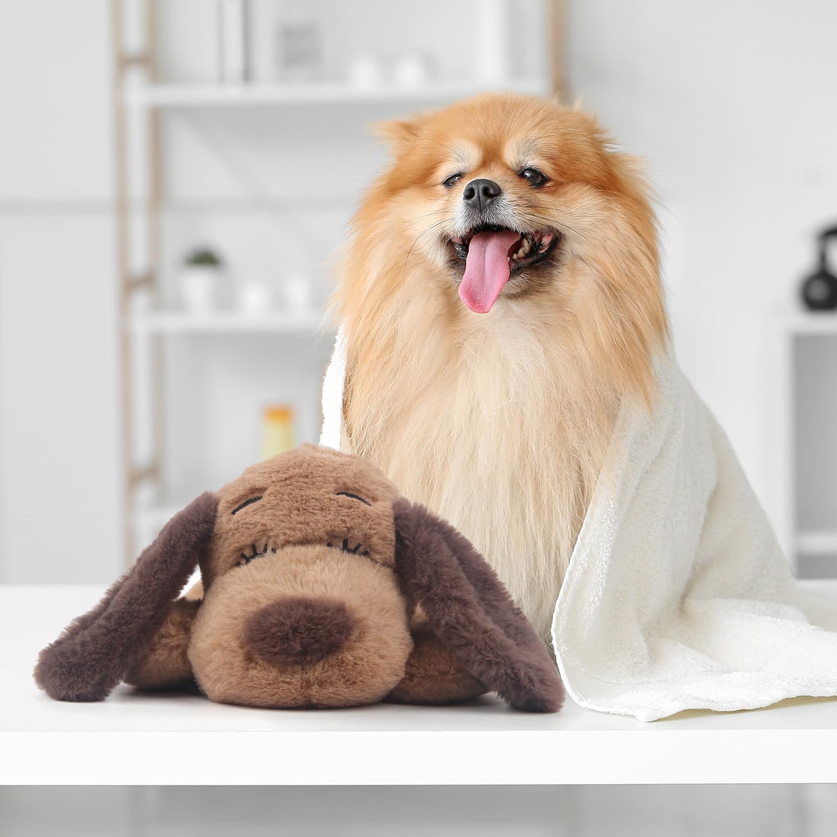 Heartbeat Puppy Toy Dog Anxiety Relief Calming Aid Heartbeat Stuffed Animals Pet Comfort Cuddle Sleep Aid Puppy Behavioral Training Aid Toy for Dog Cat (Brown-A)