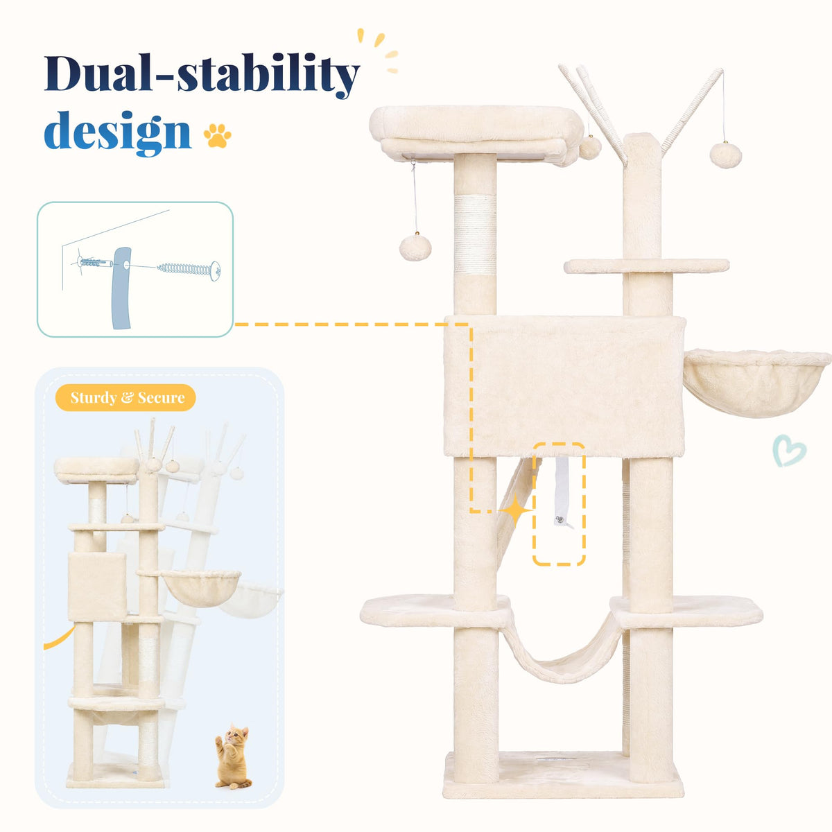 Cat Tree Tower with Padded Platform Bed (53 Inch / Beige)