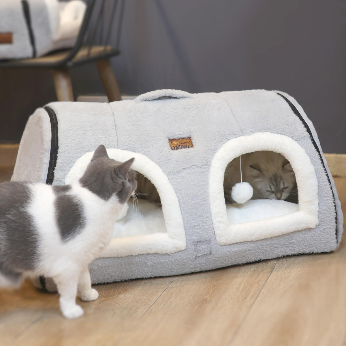 Cat Bed for Indoor Cats (Grey / Double hole bed:(27.5"×15.3"×15"))