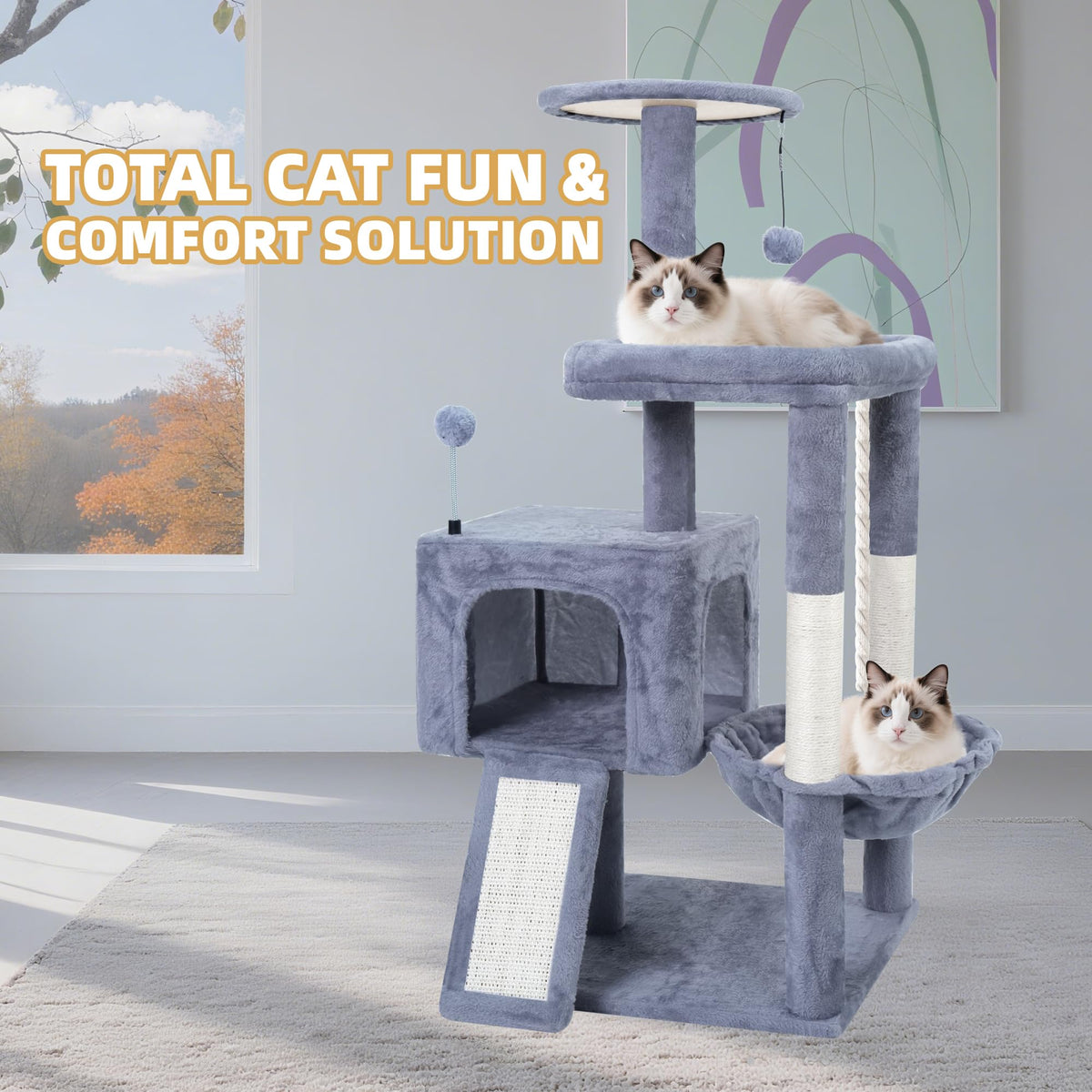 37.5" All-in-One Cat Tree Tower with Scratching Board & Posts Cozy Sleeping Perch Hammock and Toy Balls,Grey (37.5'' / Grey)