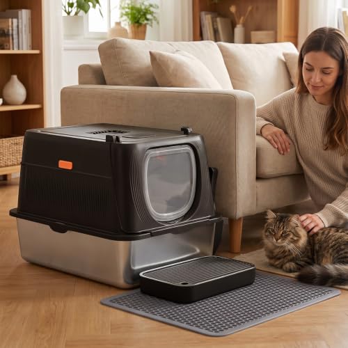 XL Stainless Steel Cat Litter Box with Lid (Black / 24" L × 16" W × 16" H)