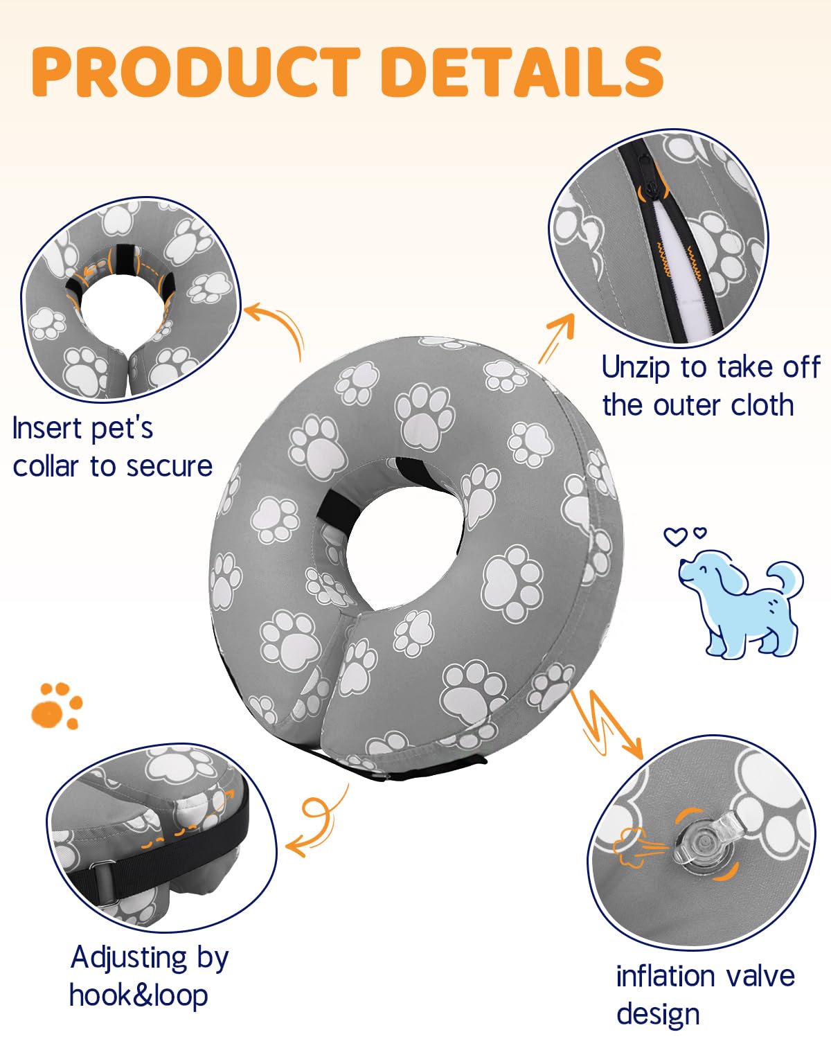 Inflatable Dog Cone Collar Alternative After Surgery (T Paw Grey / L(Neck 12"-16"))