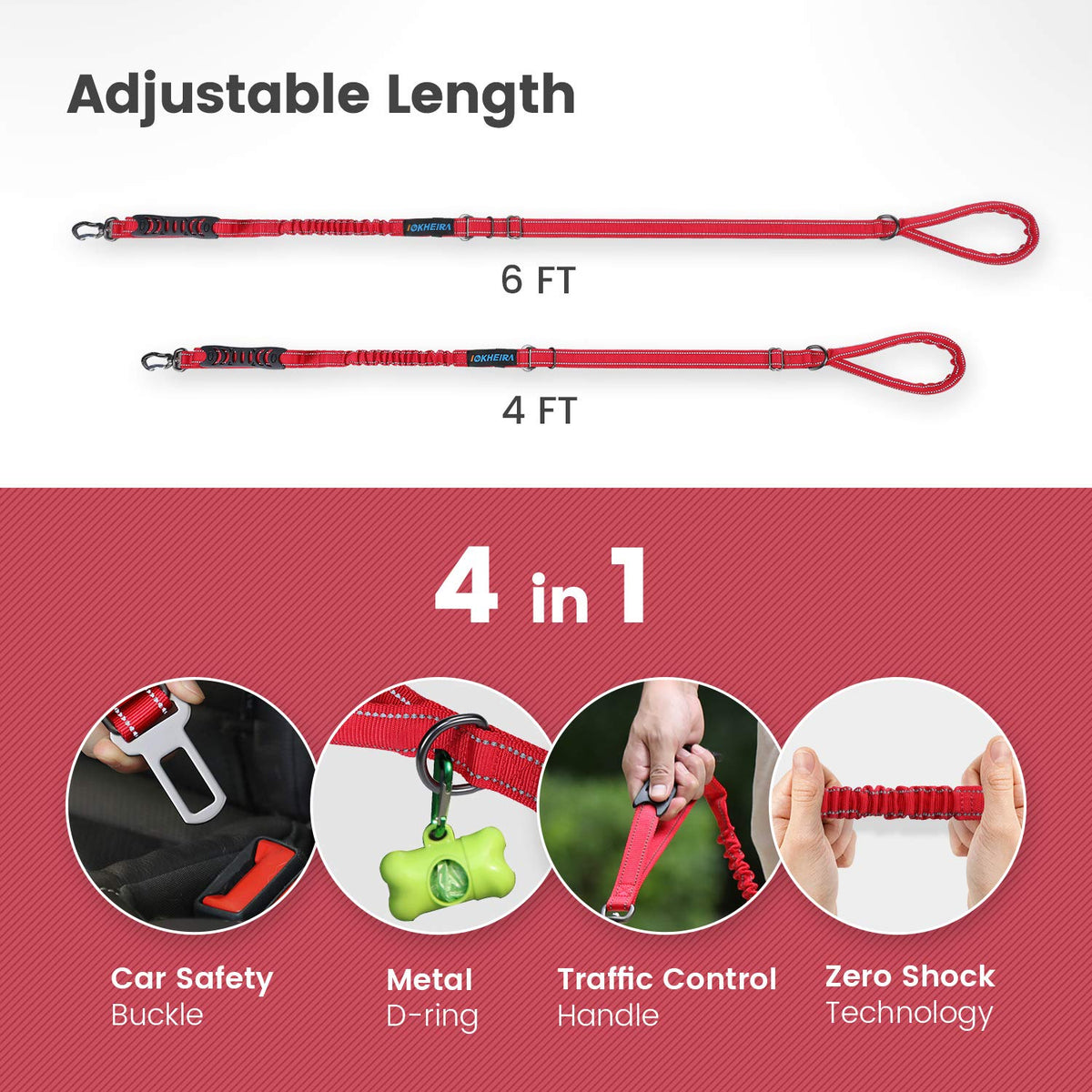 Multifunctional Dog Leash for Medium & Large Dogs (Red)